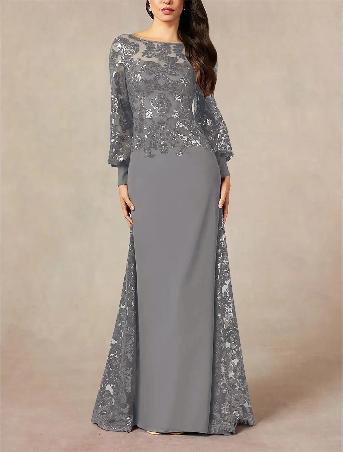 Buyishang A-Line Mother of the Bride Dress Formal Wedding Guest Elegant Jewel Neck Floor Length Chiffon Sequined Long Sleeve with Sequin free custom size